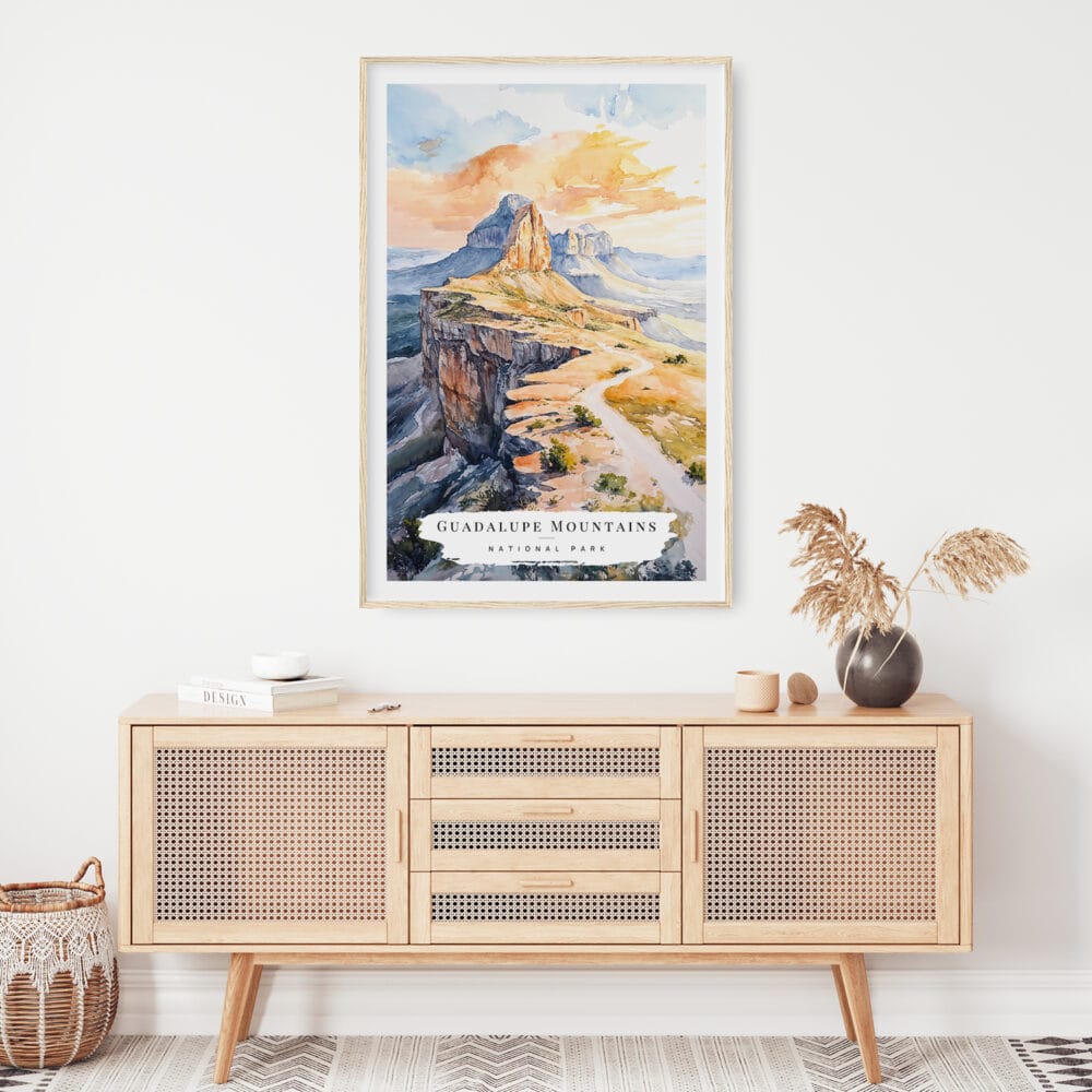 02 - Guadalupe Mountains National Park Watercolor Art Print Hanging above Shelf.jpg 02 - Guadalupe Mountains National Park Watercolor Art Print Hanging above Shelf.jpg