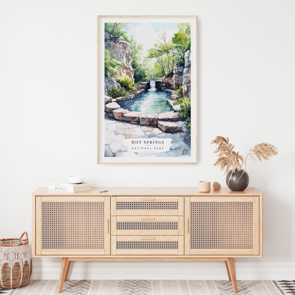 02 - Hot Springs National Park Watercolor Art Print Hanging above Shelf.jpg 02 - Hot Springs National Park Watercolor Art Print Hanging above Shelf.jpg