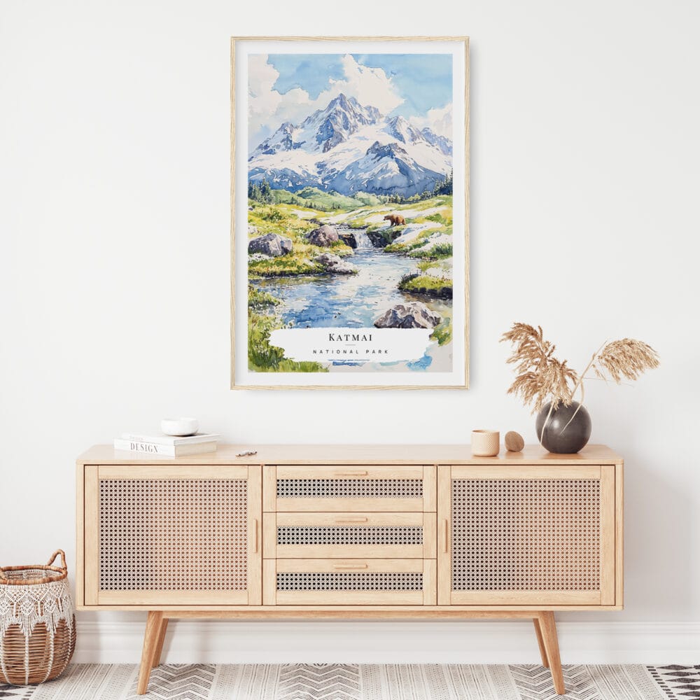 02 - Katmai National Park Watercolor Art Print Hanging above Shelf.jpg 02 - Katmai National Park Watercolor Art Print Hanging above Shelf.jpg