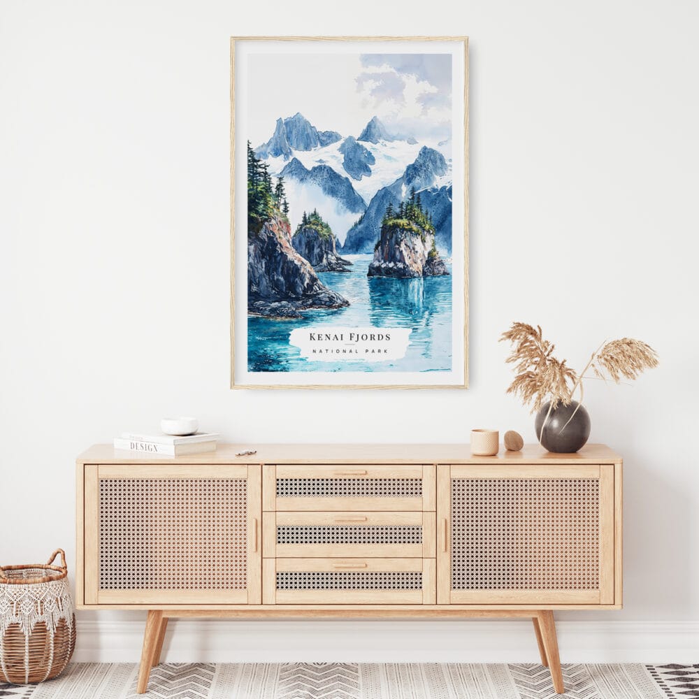 02 - Kenai Fjords National Park Watercolor Art Print Hanging above Shelf.jpg 02 - Kenai Fjords National Park Watercolor Art Print Hanging above Shelf.jpg
