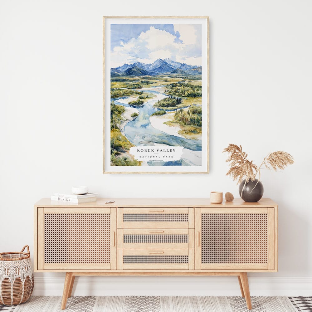 02 - Kobuk Valley National Park Watercolor Art Print Hanging above Shelf.jpg 02 - Kobuk Valley National Park Watercolor Art Print Hanging above Shelf.jpg