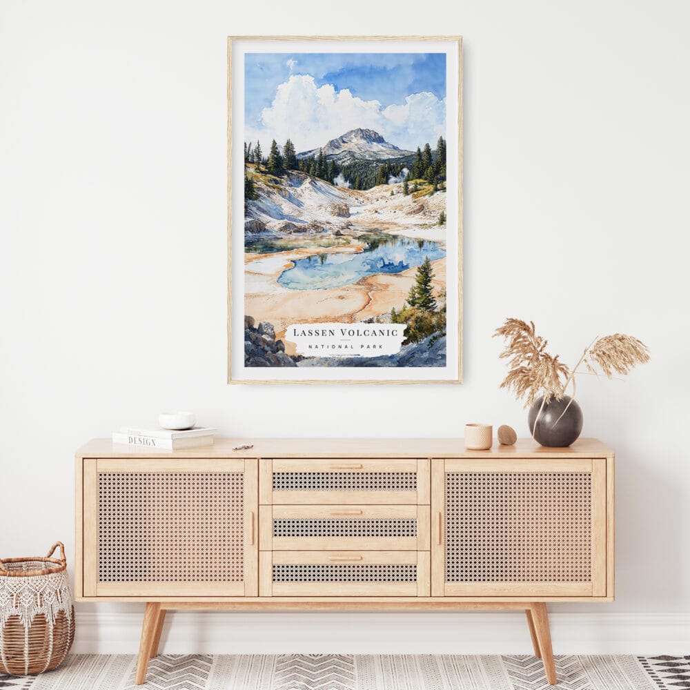02 - Lassen Volcanic National Park Watercolor Art Print Hanging above Shelf.jpg 02 - Lassen Volcanic National Park Watercolor Art Print Hanging above Shelf.jpg
