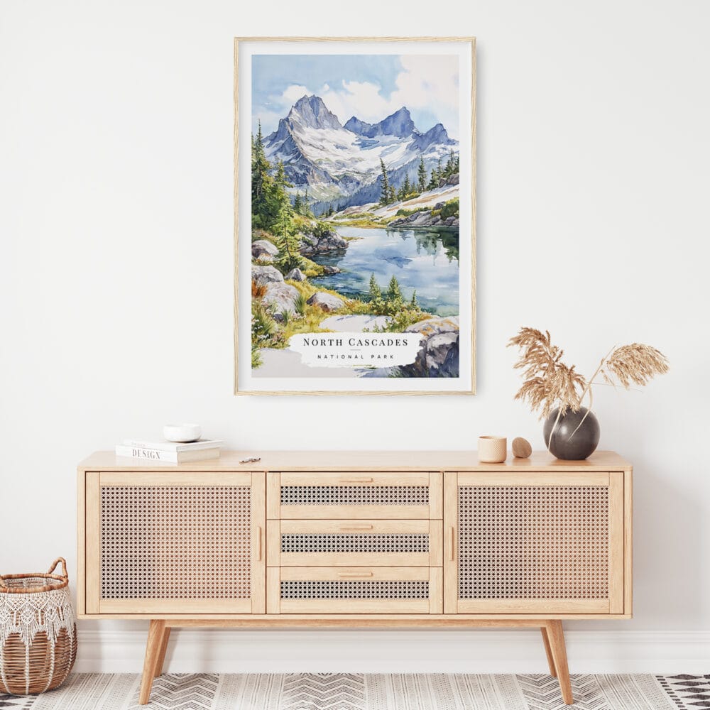 02 - North Cascades National Park Watercolor Art Print Hanging above Shelf.jpg 02 - North Cascades National Park Watercolor Art Print Hanging above Shelf.jpg