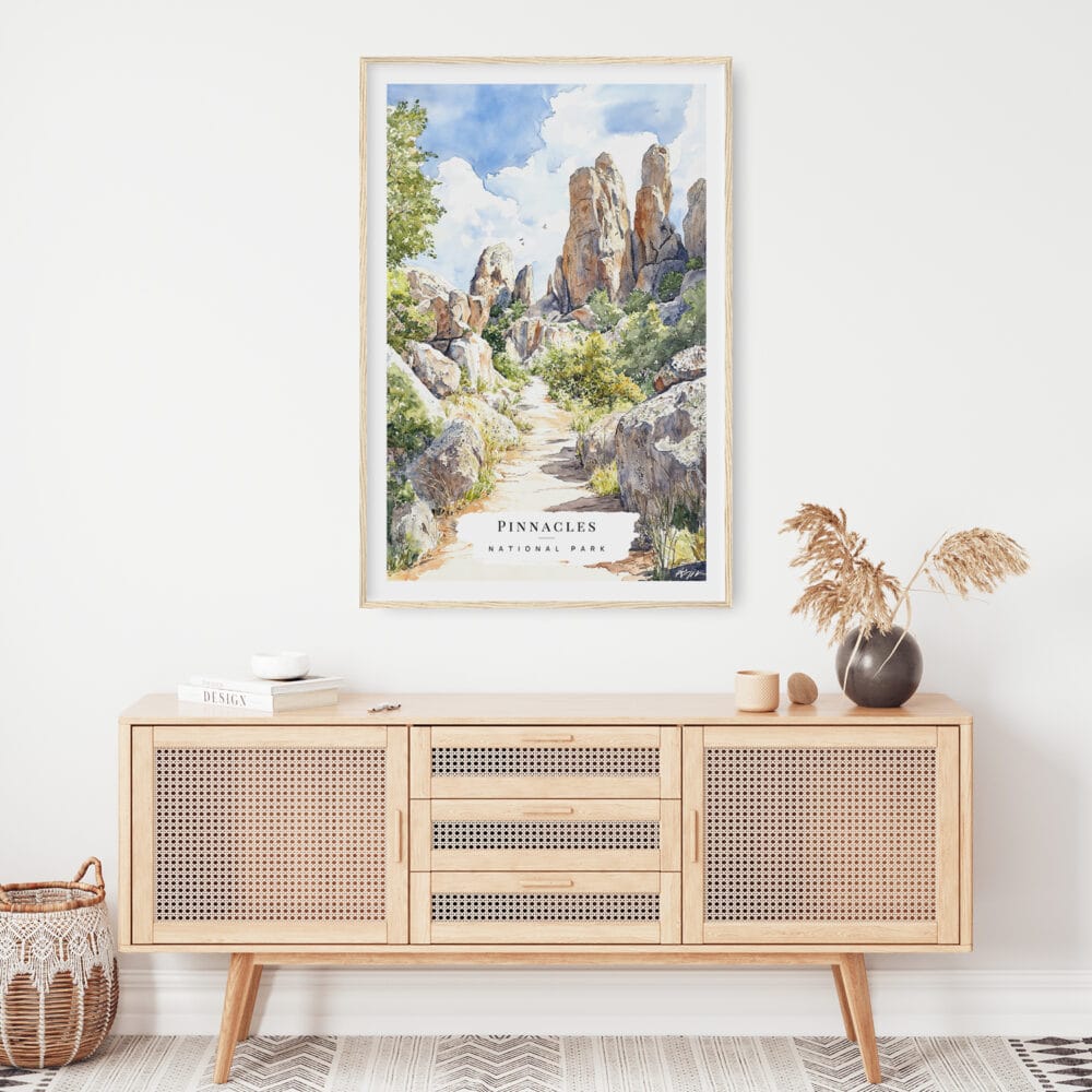 02 - Pinnacles National Park California Watercolor Art Print Hanging above Shelf.jpg 02 - Pinnacles National Park California Watercolor Art Print Hanging above Shelf.jpg