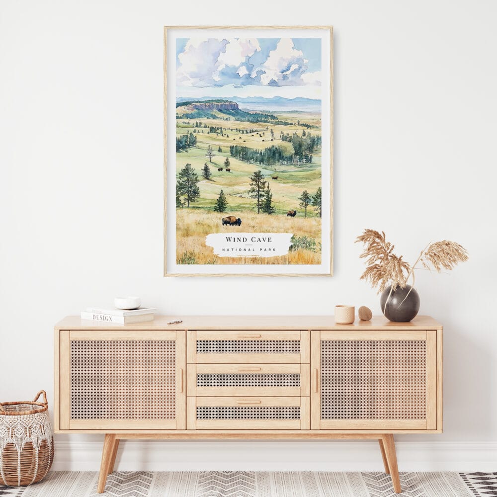 02 - Wind Cave National Park Watercolor Art Print Hanging above Shelf.jpg 02 - Wind Cave National Park Watercolor Art Print Hanging above Shelf.jpg