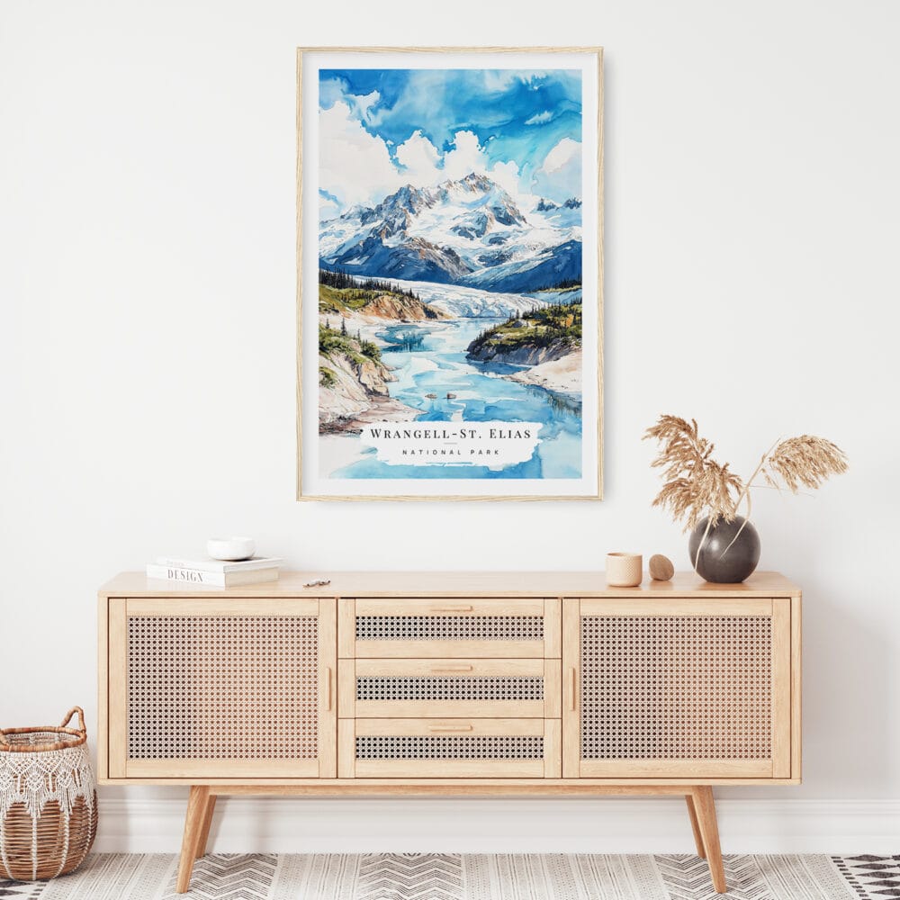 02 - Wrangell-St. Elias National Park Watercolor Art Print Hanging above Shelf.jpg 02 - Wrangell-St. Elias National Park Watercolor Art Print Hanging above Shelf.jpg