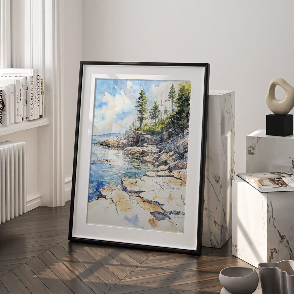 03 - Acadia National Park Watercolor Art - Digital Downloads - Frame Standing on floor.jpg 03 - Acadia National Park Watercolor Art - Digital Downloads - Frame Standing on floor.jpg