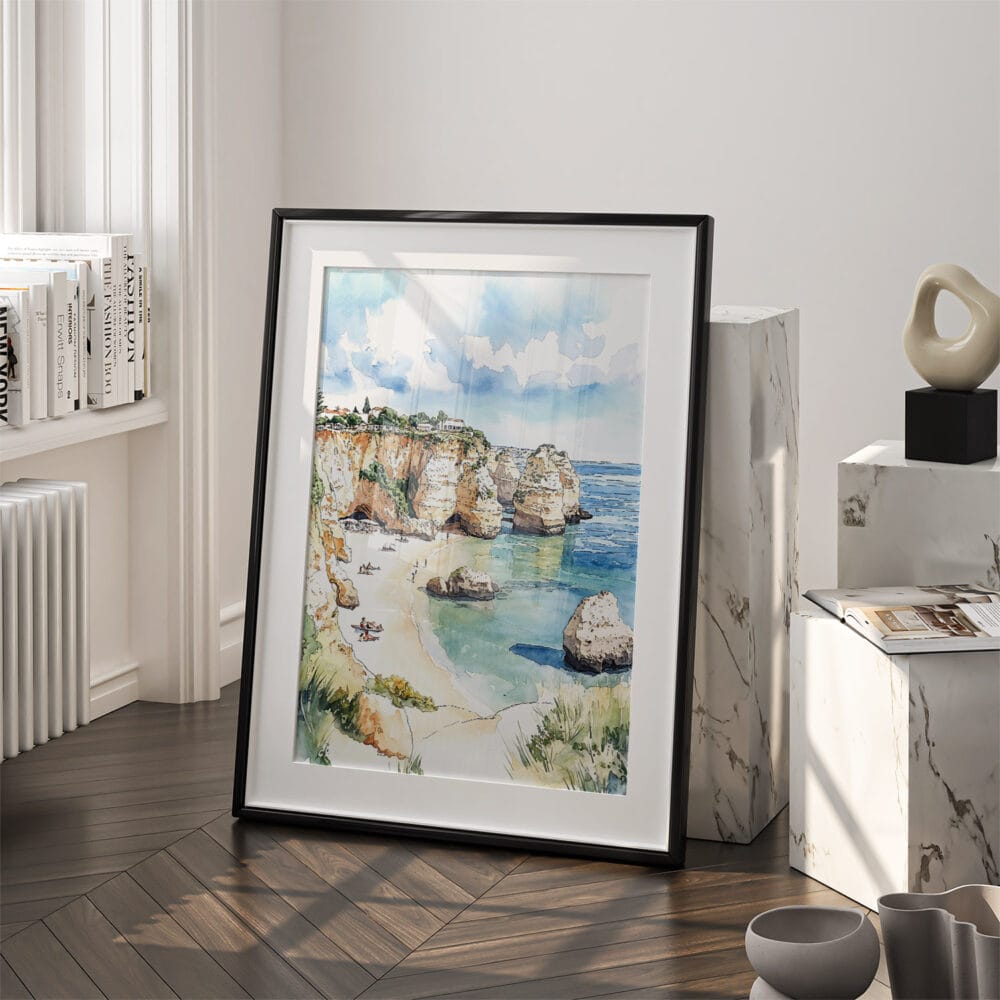 03 - Algarve Beach Watercolor Art - Digital Downloads - Frame Standing on floor.jpg 03 - Algarve Beach Watercolor Art - Digital Downloads - Frame Standing on floor.jpg