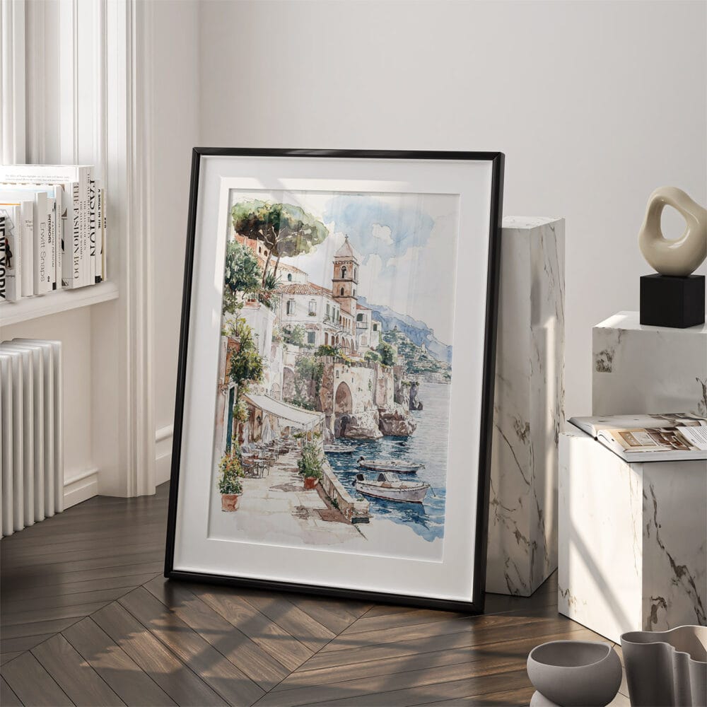 03 - Amalfi Coast Watercolor Art - Digital Downloads - Frame Standing on floor.jpg 03 - Amalfi Coast Watercolor Art - Digital Downloads - Frame Standing on floor.jpg