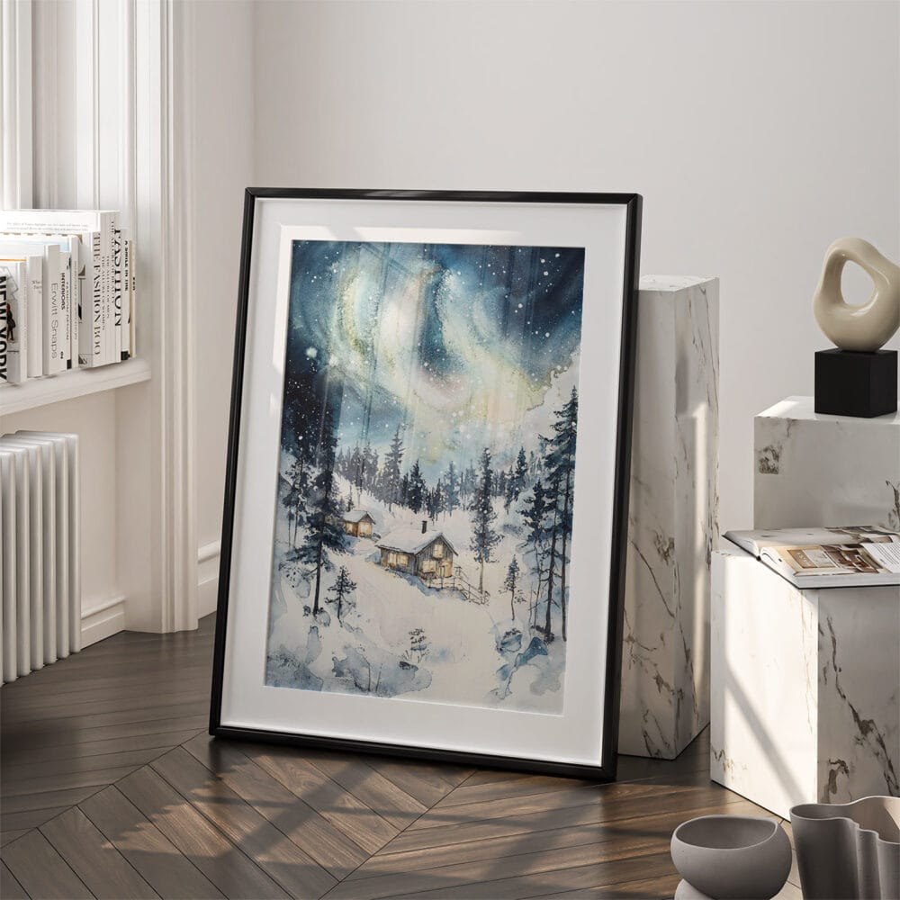 03 - Aurora Lapland Finland Watercolor Art - Digital Downloads - Frame Standing on floor.jpg 03 - Aurora Lapland Finland Watercolor Art - Digital Downloads - Frame Standing on floor.jpg