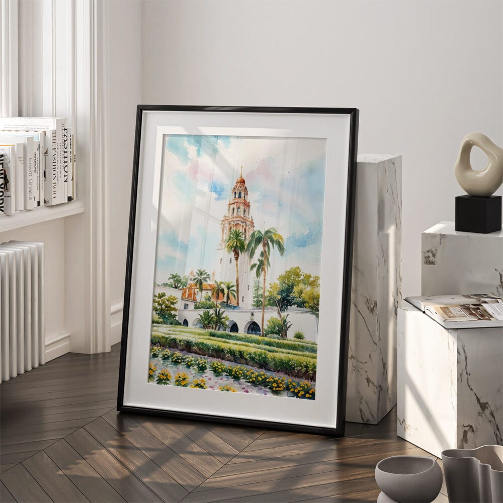03 - Balboa Park California Tower Watercolor Art - Digital Downloads - Frame Standing on floor.jpg 03 - Balboa Park California Tower Watercolor Art - Digital Downloads - Frame Standing on floor.jpg