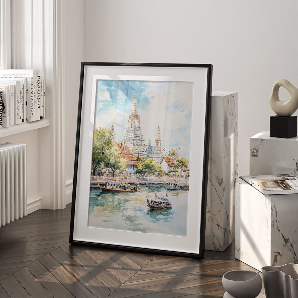 03 - Bangkok Wat Arun Watercolor Art - Digital Downloads - Frame Standing on floor.jpg 03 - Bangkok Wat Arun Watercolor Art - Digital Downloads - Frame Standing on floor.jpg