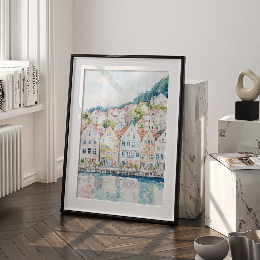03 - Bergen Norway Houses Watercolor Art - Digital Downloads - Frame Standing on floor.jpg 03 - Bergen Norway Houses Watercolor Art - Digital Downloads - Frame Standing on floor.jpg