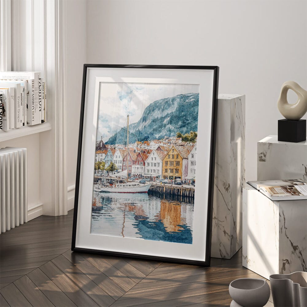 03 - Bergen Norway Watercolor Art - Digital Downloads - Frame Standing on floor.jpg 03 - Bergen Norway Watercolor Art - Digital Downloads - Frame Standing on floor.jpg