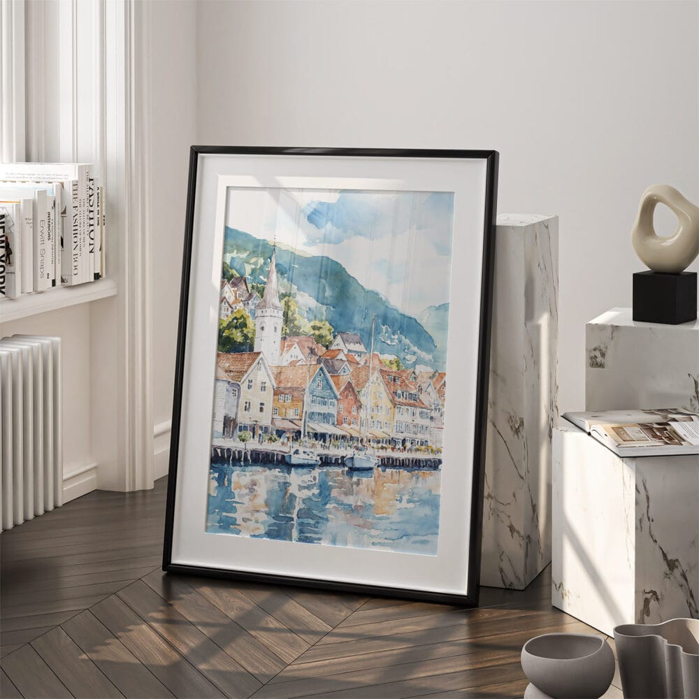 03 - Bergen Norway Waterfront Watercolor Art - Digital Downloads - Frame Standing on floor.jpg 03 - Bergen Norway Waterfront Watercolor Art - Digital Downloads - Frame Standing on floor.jpg
