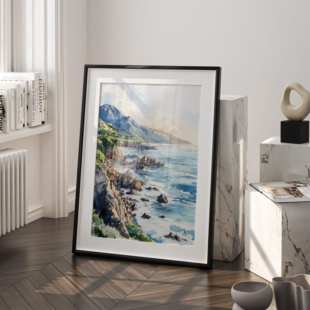 03 - Big Sur California Watercolor Art - Digital Downloads - Frame Standing on floor.jpg 03 - Big Sur California Watercolor Art - Digital Downloads - Frame Standing on floor.jpg