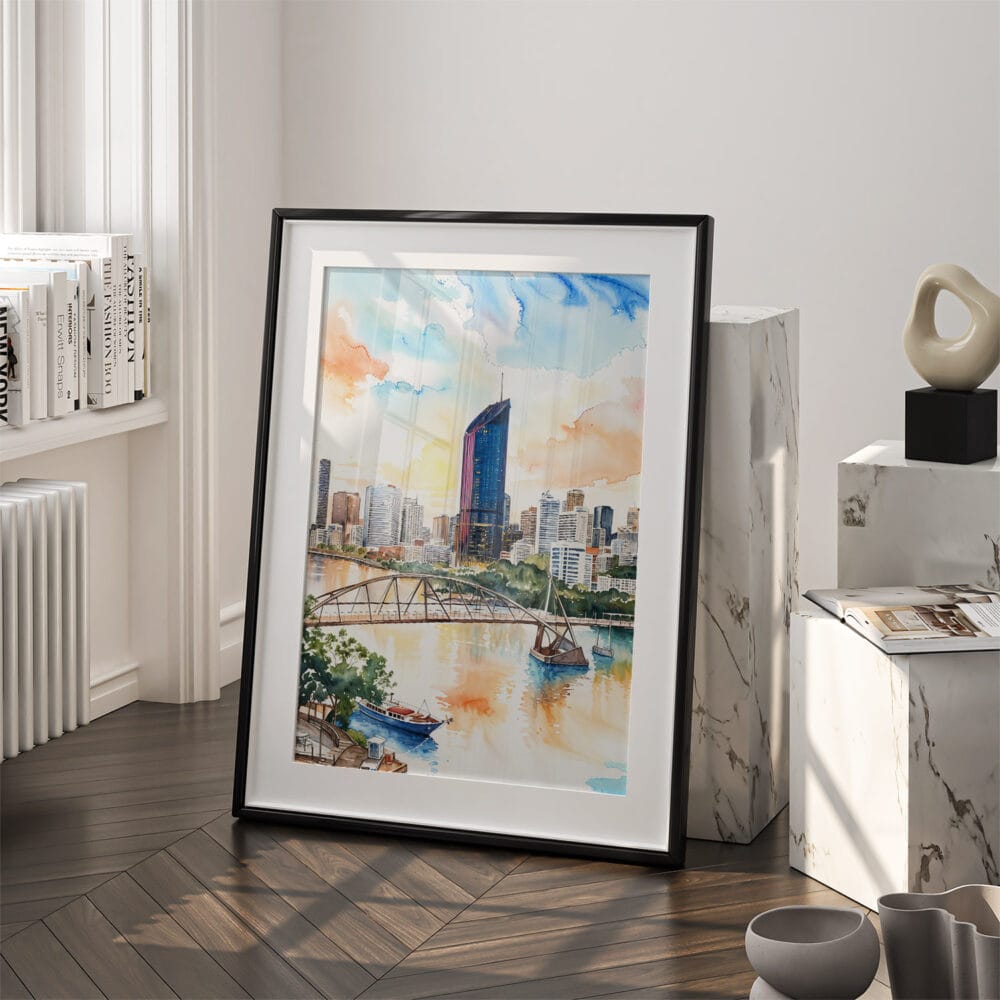 03 - Brisbane Skyline Watercolor Art - Digital Downloads - Frame Standing on floor.jpg 03 - Brisbane Skyline Watercolor Art - Digital Downloads - Frame Standing on floor.jpg