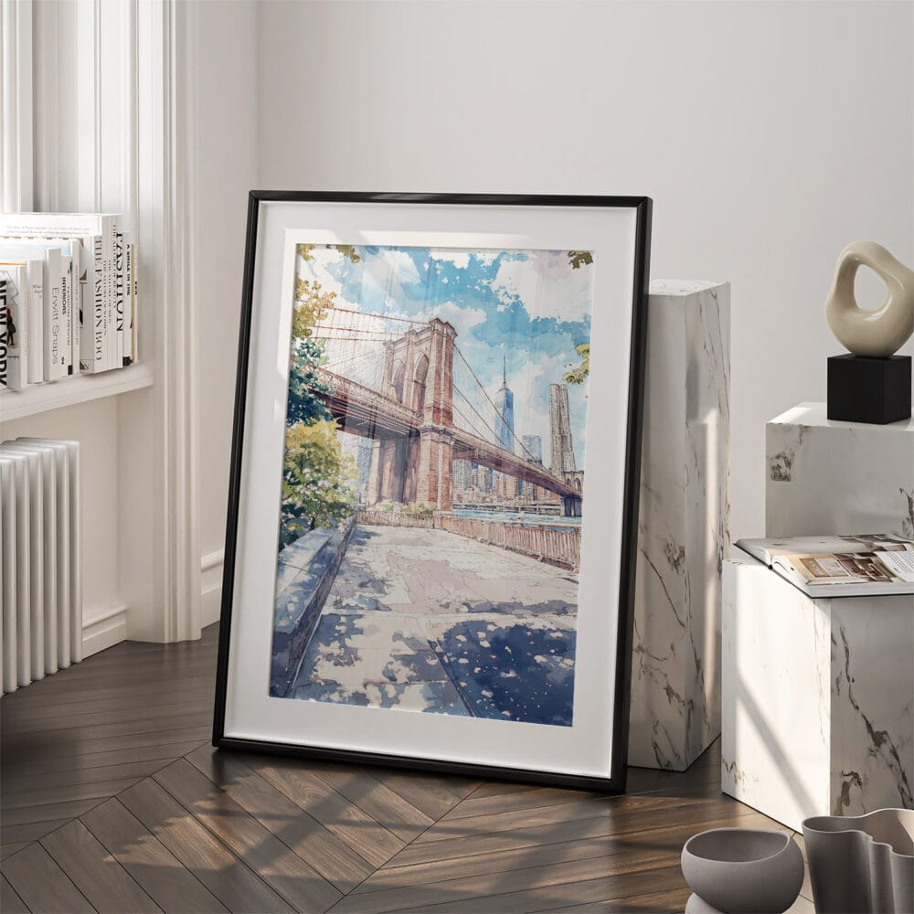 03 - Brooklyn Bridge Watercolor Art - Digital Downloads - Frame Standing on floor.jpg 03 - Brooklyn Bridge Watercolor Art - Digital Downloads - Frame Standing on floor.jpg
