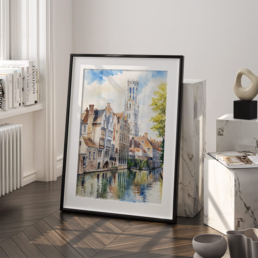 03 - Bruges Belgium Watercolor Art - Digital Downloads - Frame Standing on floor.jpg 03 - Bruges Belgium Watercolor Art - Digital Downloads - Frame Standing on floor.jpg