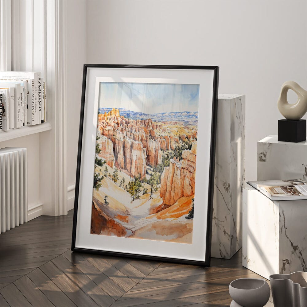 03 - Bryce Canyon National Park Watercolor Art - Digital Downloads - Frame Standing on floor.jpg 03 - Bryce Canyon National Park Watercolor Art - Digital Downloads - Frame Standing on floor.jpg