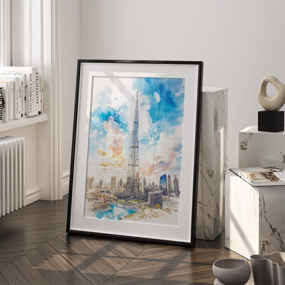 03 - Burj Khalifa Dubai Watercolor Art - Digital Downloads - Frame Standing on floor.jpg 03 - Burj Khalifa Dubai Watercolor Art - Digital Downloads - Frame Standing on floor.jpg