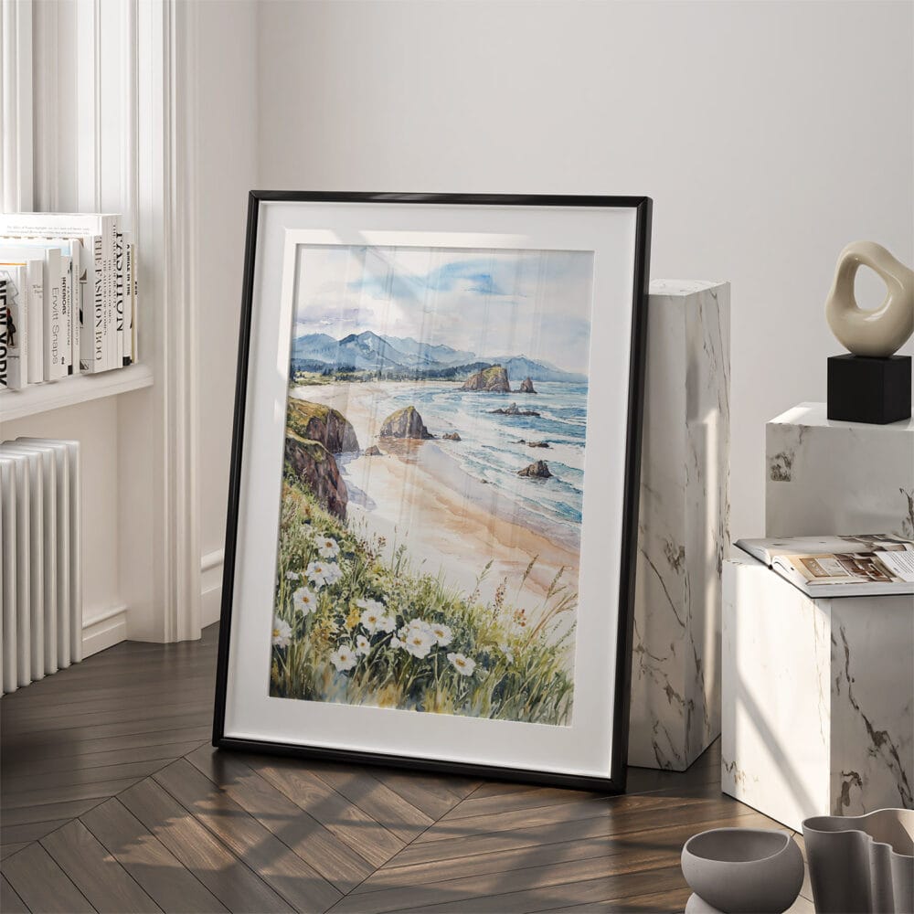03 - Cannon Beach Oregon Watercolor Art - Digital Downloads - Frame Standing on floor.jpg 03 - Cannon Beach Oregon Watercolor Art - Digital Downloads - Frame Standing on floor.jpg