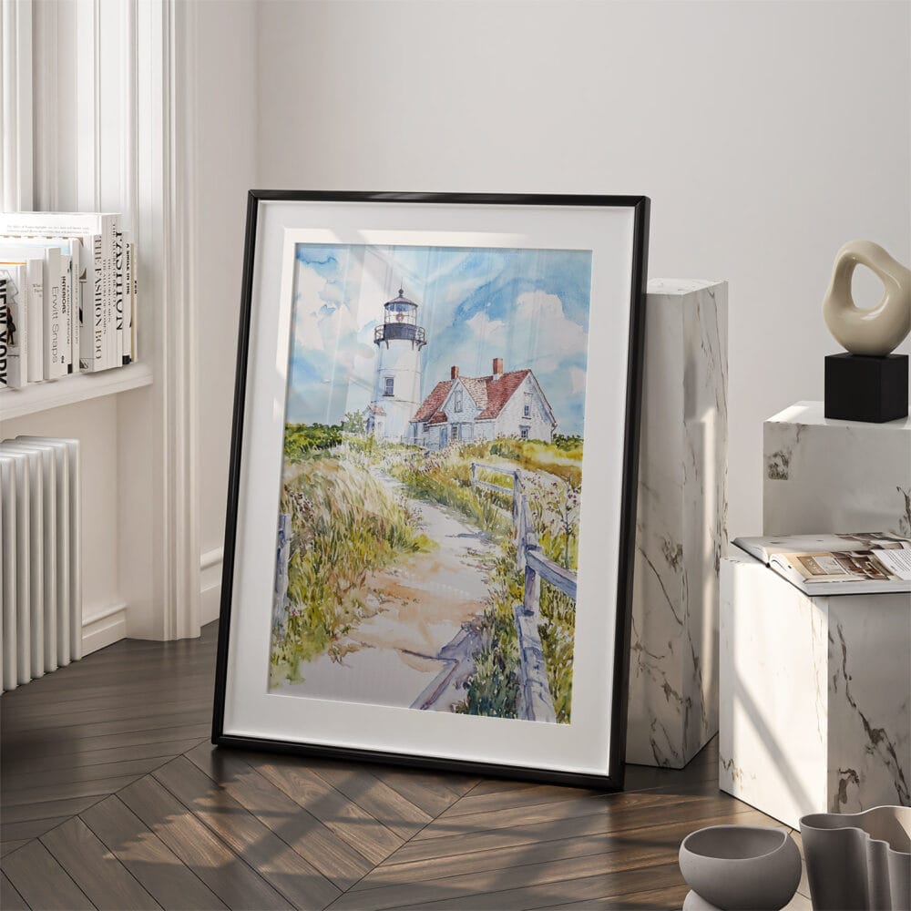 03 - Cape Cod Nobska Watercolor Art - Digital Downloads - Frame Standing on floor.jpg 03 - Cape Cod Nobska Watercolor Art - Digital Downloads - Frame Standing on floor.jpg