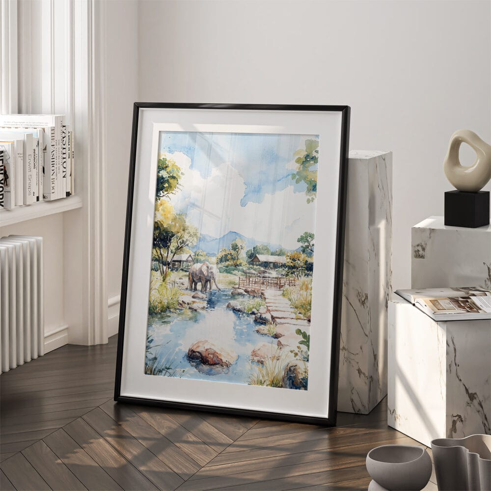 03 - Chaing Mai Elephant Sanctuary Watercolor Art - Digital Downloads - Frame Standing on floor.jpg 03 - Chaing Mai Elephant Sanctuary Watercolor Art - Digital Downloads - Frame Standing on floor.jpg