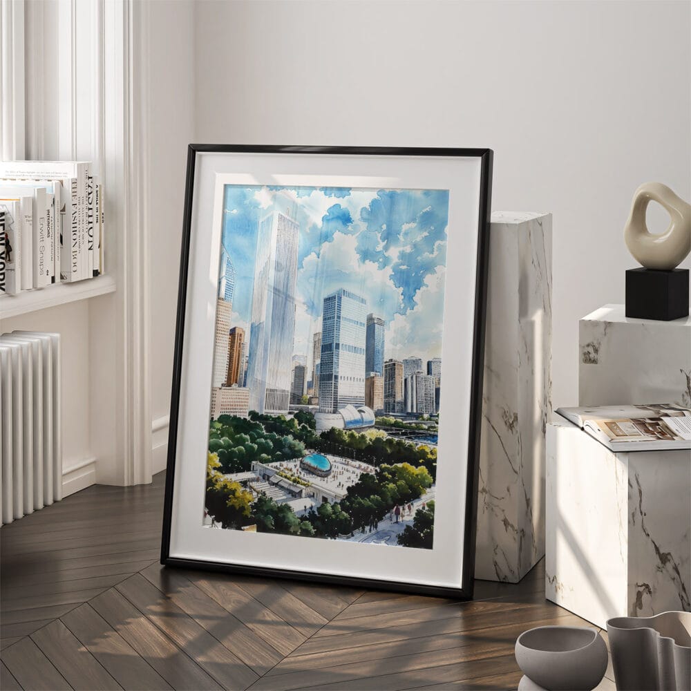 03 - Chicago Millenium Park Watercolor Art - Digital Downloads - Frame Standing on floor.jpg 03 - Chicago Millenium Park Watercolor Art - Digital Downloads - Frame Standing on floor.jpg