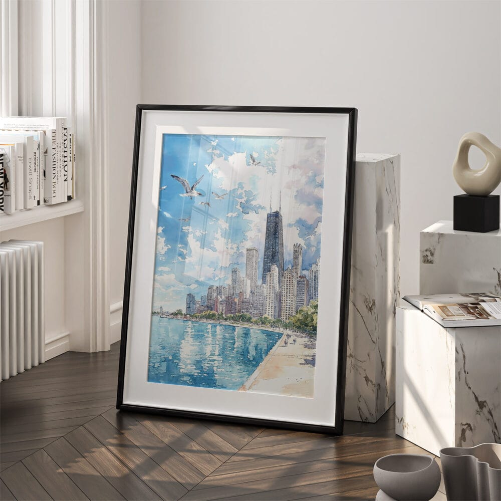03 - Chicago Skyline Watercolor Art - Digital Downloads - Frame Standing on floor.jpg 03 - Chicago Skyline Watercolor Art - Digital Downloads - Frame Standing on floor.jpg