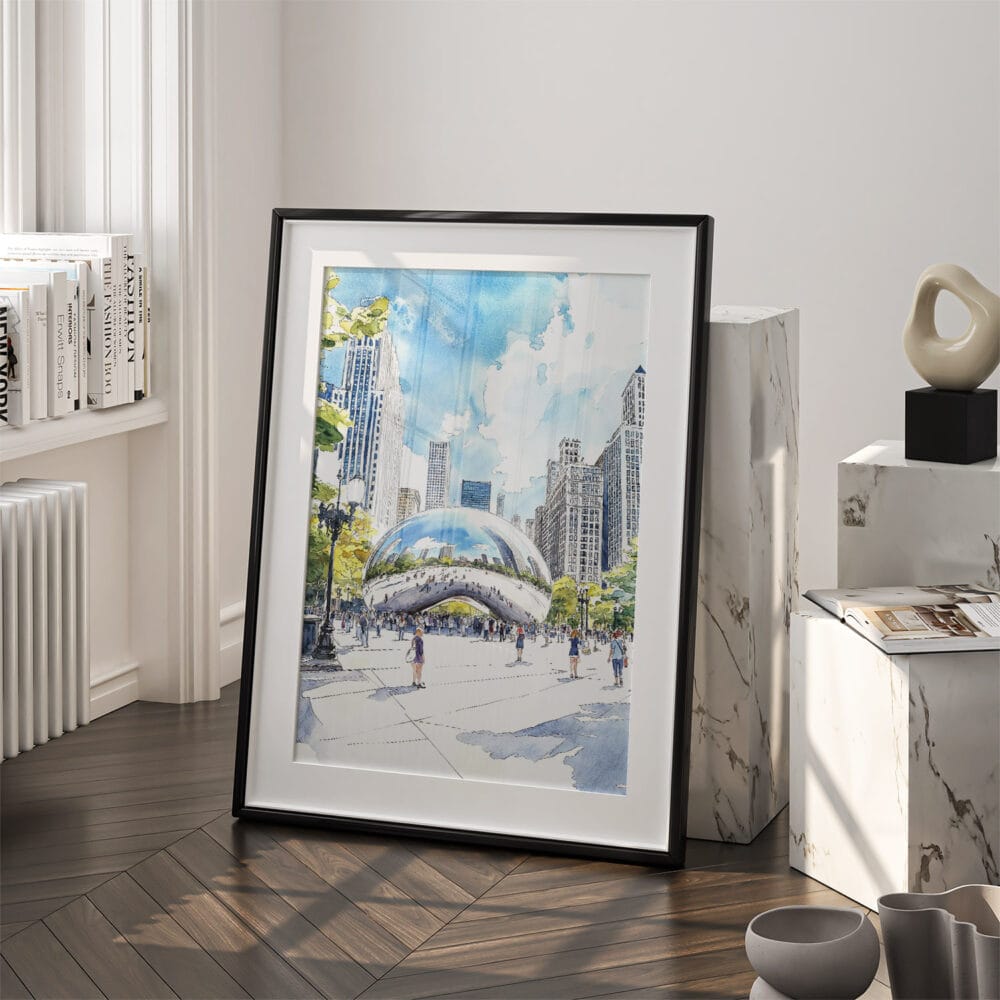 03 - Chicago The Bean Cloud Gate Watercolor Art - Digital Downloads - Frame Standing on floor.jpg 03 - Chicago The Bean Cloud Gate Watercolor Art - Digital Downloads - Frame Standing on floor.jpg