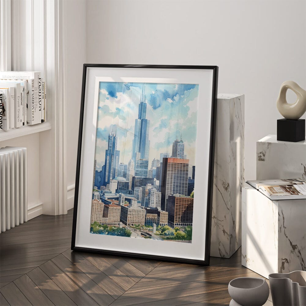 03 - Chicago Willis Tower Watercolor Art - Digital Downloads - Frame Standing on floor.jpg 03 - Chicago Willis Tower Watercolor Art - Digital Downloads - Frame Standing on floor.jpg