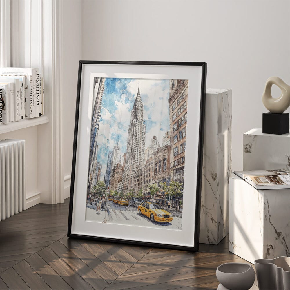 03 - Chrysler Building Watercolor Art - Digital Downloads - Frame Standing on floor.jpg 03 - Chrysler Building Watercolor Art - Digital Downloads - Frame Standing on floor.jpg
