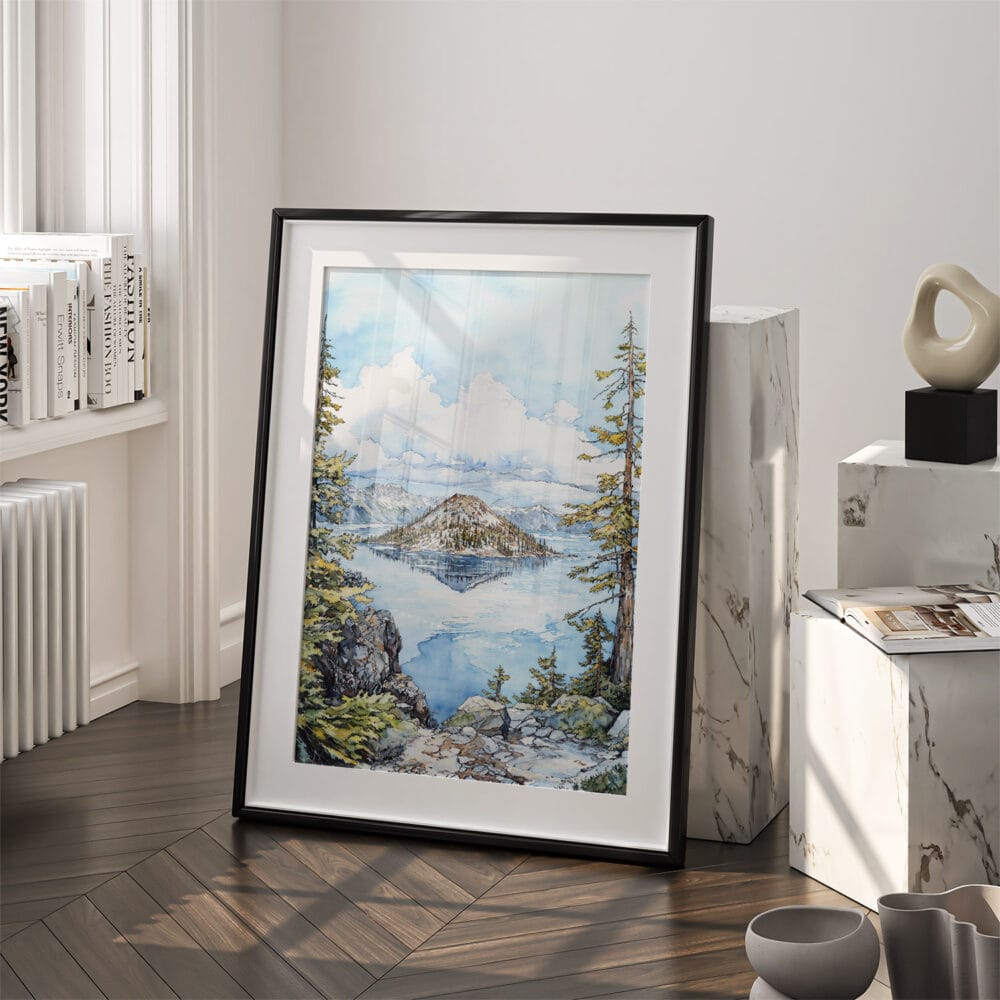 03 - Crater Lake National Park Watercolor Art - Digital Downloads - Frame Standing on floor.jpg 03 - Crater Lake National Park Watercolor Art - Digital Downloads - Frame Standing on floor.jpg