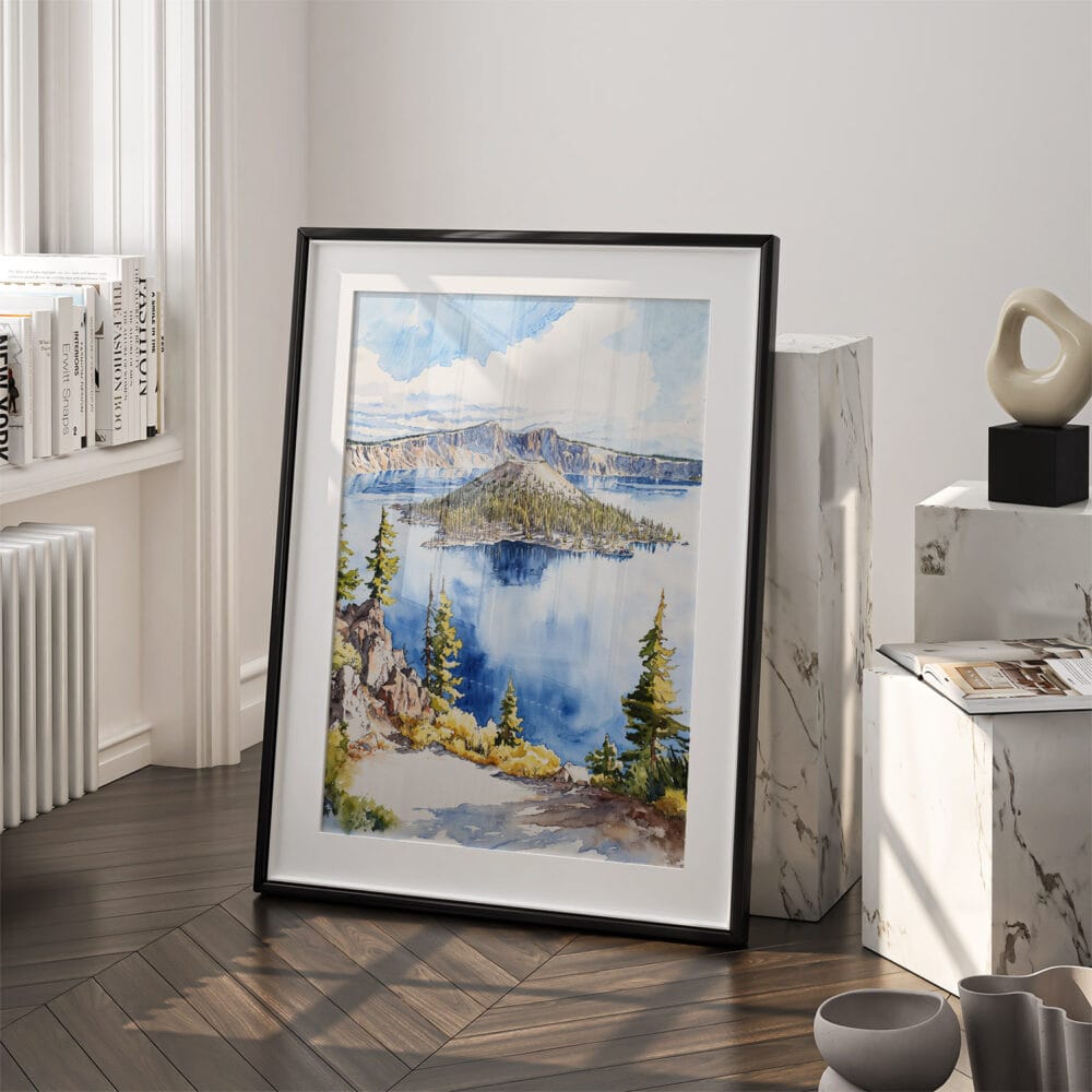 03 - Crater Lake Watercolor Art - Digital Downloads - Frame Standing on floor.jpg 03 - Crater Lake Watercolor Art - Digital Downloads - Frame Standing on floor.jpg