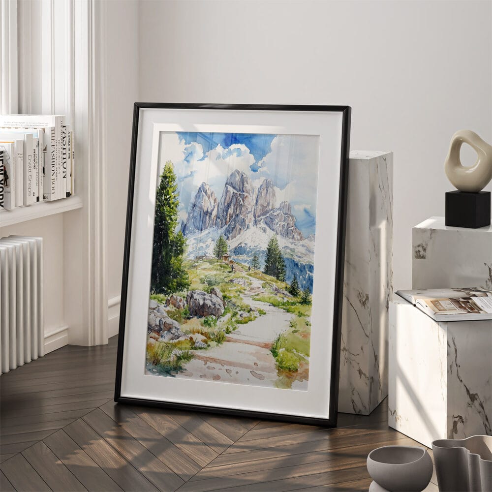 03 - Dolomites Hiking Watercolor Art - Digital Downloads - Frame Standing on floor.jpg 03 - Dolomites Hiking Watercolor Art - Digital Downloads - Frame Standing on floor.jpg
