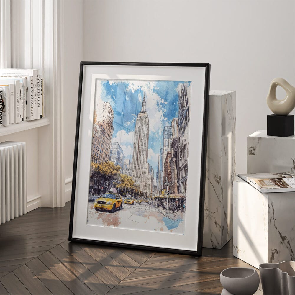 03 - Empire State Building Watercolor Art - Digital Downloads - Frame Standing on floor.jpg 03 - Empire State Building Watercolor Art - Digital Downloads - Frame Standing on floor.jpg