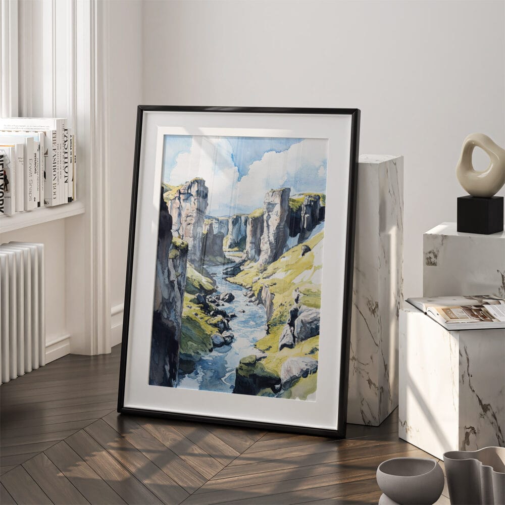 03 - Fjadrargljufur Canyon Watercolor Art - Digital Downloads - Frame Standing on floor.jpg 03 - Fjadrargljufur Canyon Watercolor Art - Digital Downloads - Frame Standing on floor.jpg