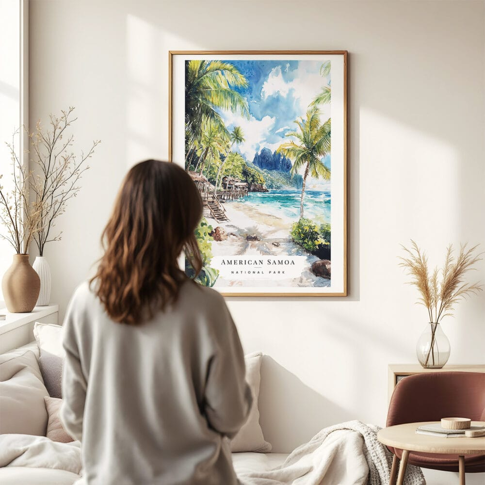 03 - Framed American Samoa National Park Watercolor Wall Art - In Living Room with Woman Looking at it - Portrait.jpg 03 - Framed American Samoa National Park Watercolor Wall Art - In Living Room with Woman Looking at it - Portrait.jpg