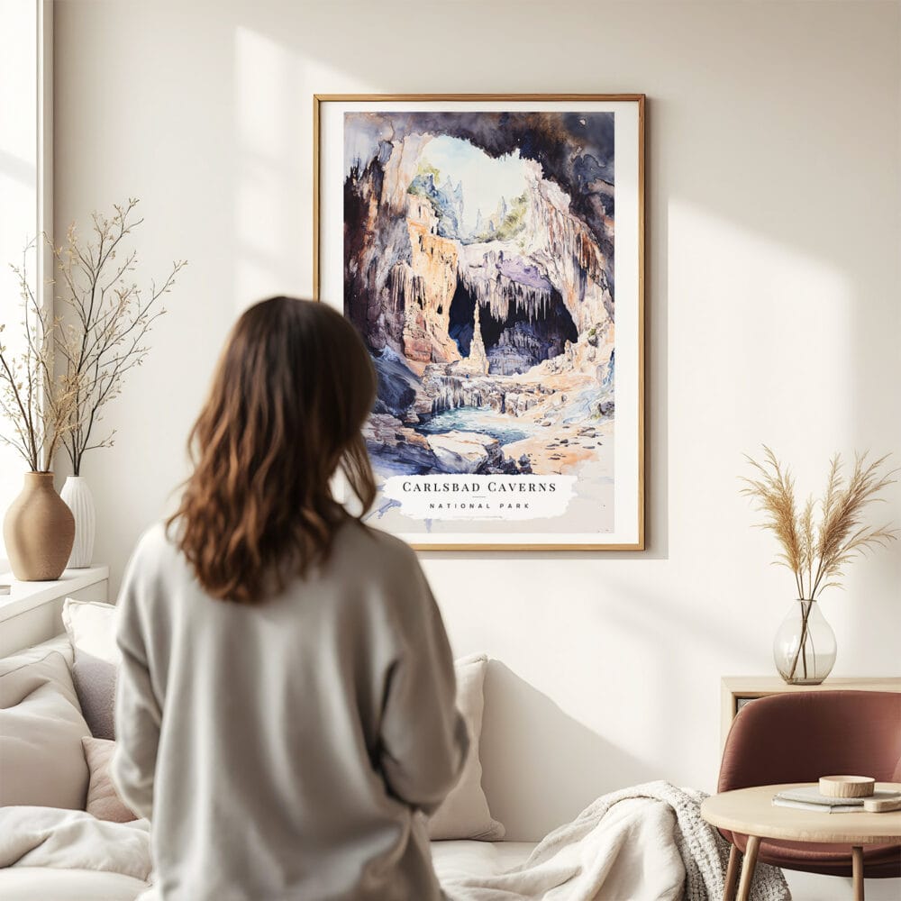 03 - Framed Carlsbad Caverns National Park Watercolor Wall Art - In Living Room with Woman Looking at it - Portrait.jpg 03 - Framed Carlsbad Caverns National Park Watercolor Wall Art - In Living Room with Woman Looking at it - Portrait.jpg