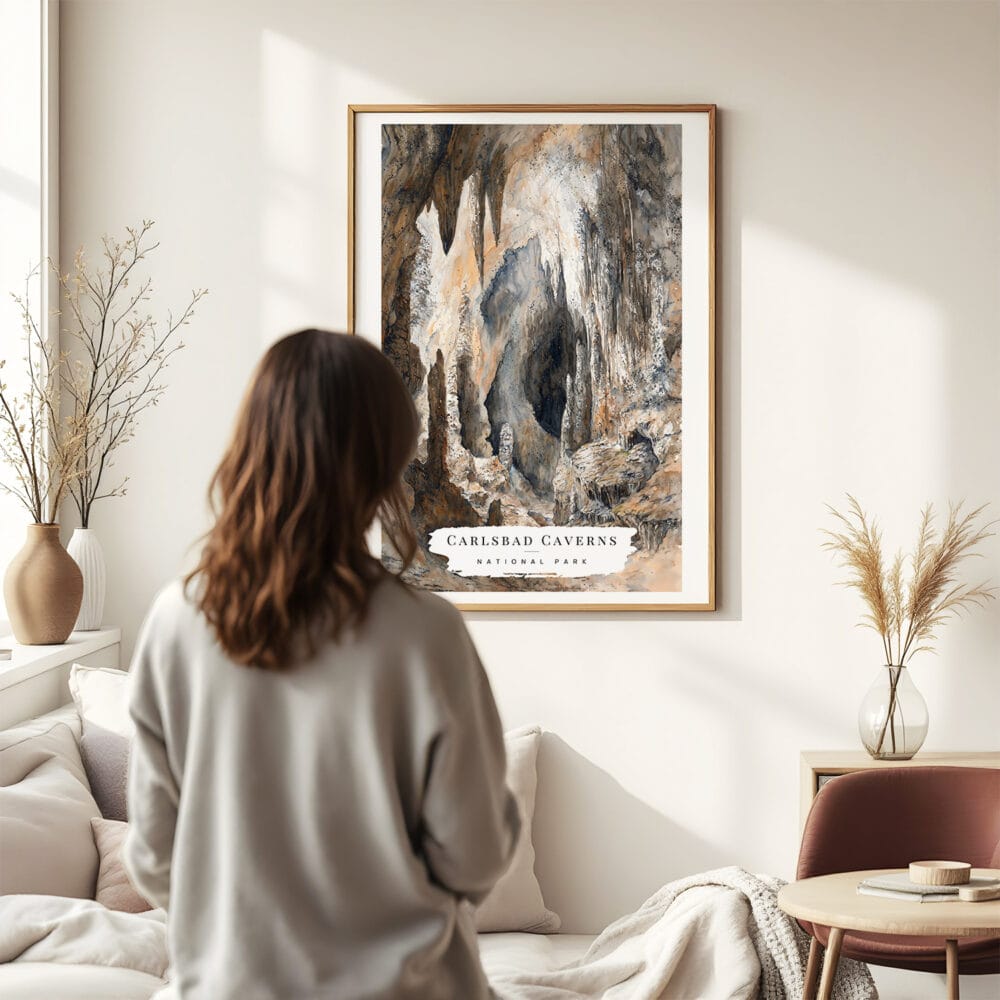 03 - Framed Carlsbad Caverns Watercolor Wall Art - In Living Room with Woman Looking at it - Portrait.jpg 03 - Framed Carlsbad Caverns Watercolor Wall Art - In Living Room with Woman Looking at it - Portrait.jpg
