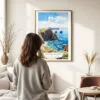 03 - Framed Channel Islands National Park Watercolor Wall Art - In Living Room with Woman Looking at it - Portrait.jpg