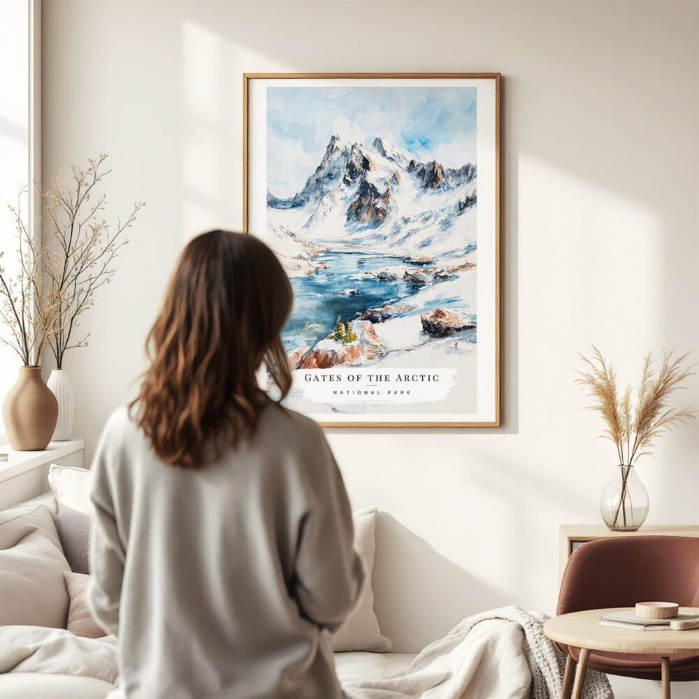 03 - Framed Gates of the Arctic National Park Watercolor Wall Art - In Living Room with Woman Looking at it - Portrait.jpg 03 - Framed Gates of the Arctic National Park Watercolor Wall Art - In Living Room with Woman Looking at it - Portrait.jpg