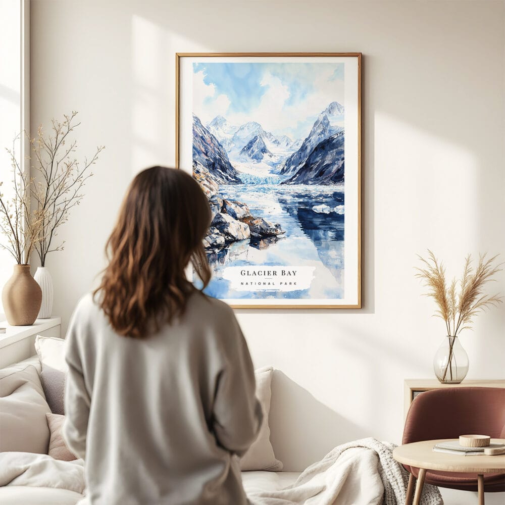 03 - Framed Glacier Bay National Park Watercolor Wall Art - In Living Room with Woman Looking at it - Portrait.jpg 03 - Framed Glacier Bay National Park Watercolor Wall Art - In Living Room with Woman Looking at it - Portrait.jpg