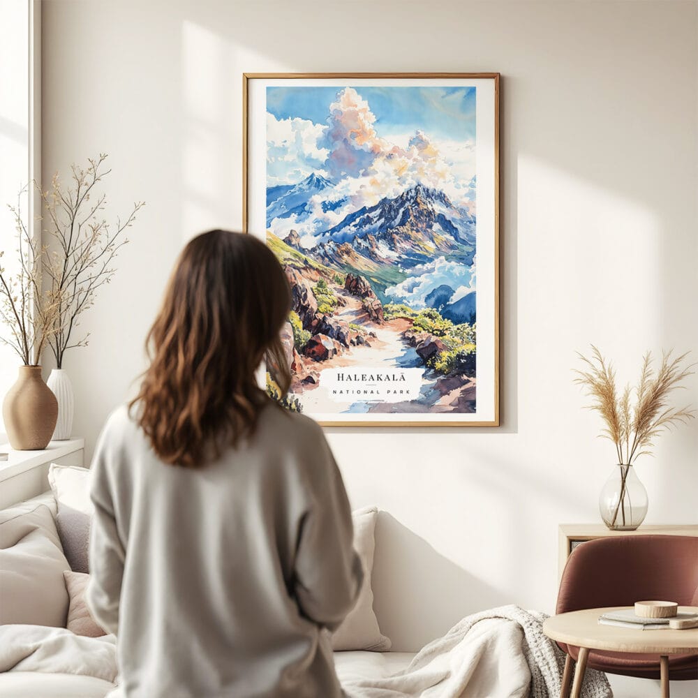 03 - Framed Haleakalā National Park Watercolor Wall Art - In Living Room with Woman Looking at it - Portrait.jpg 03 - Framed Haleakalā National Park Watercolor Wall Art - In Living Room with Woman Looking at it - Portrait.jpg