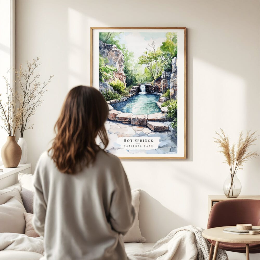 03 - Framed Hot Springs National Park Watercolor Wall Art - In Living Room with Woman Looking at it - Portrait.jpg 03 - Framed Hot Springs National Park Watercolor Wall Art - In Living Room with Woman Looking at it - Portrait.jpg