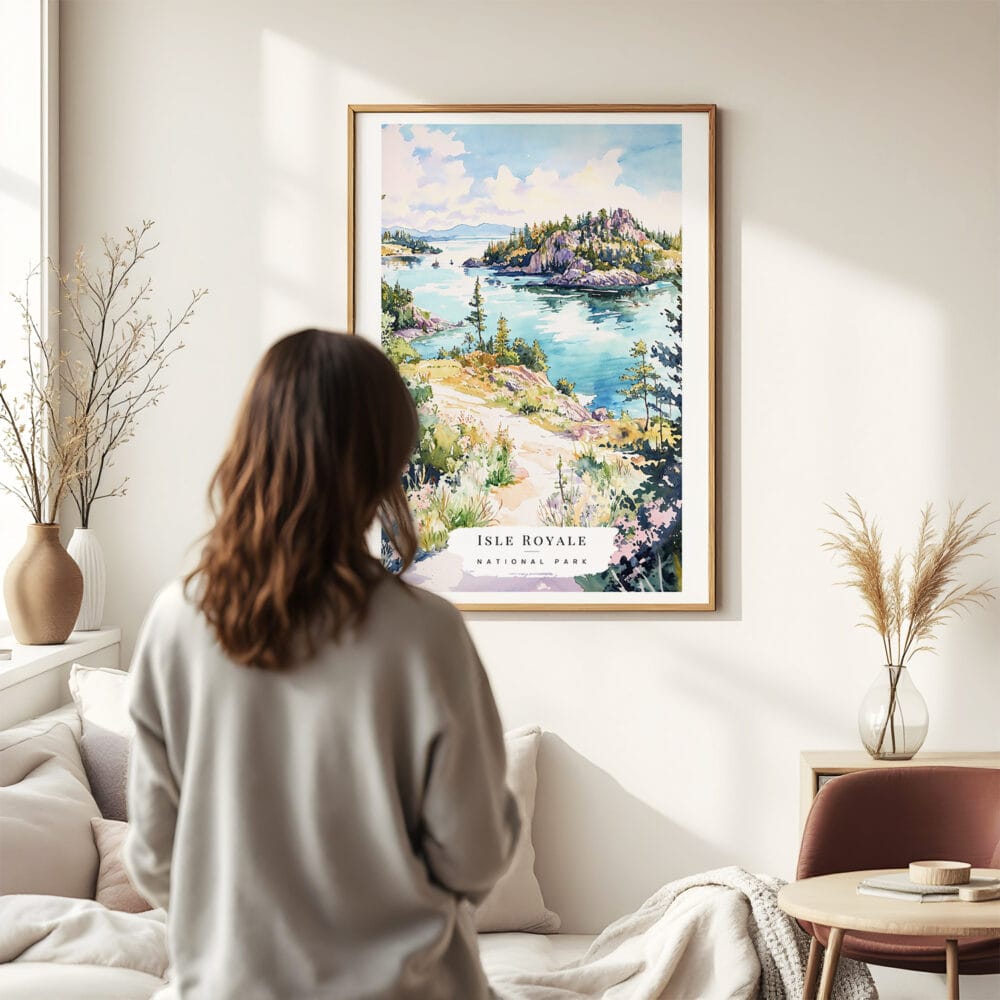 03 - Framed Isle Royale National Park Watercolor Wall Art - In Living Room with Woman Looking at it - Portrait.jpg 03 - Framed Isle Royale National Park Watercolor Wall Art - In Living Room with Woman Looking at it - Portrait.jpg