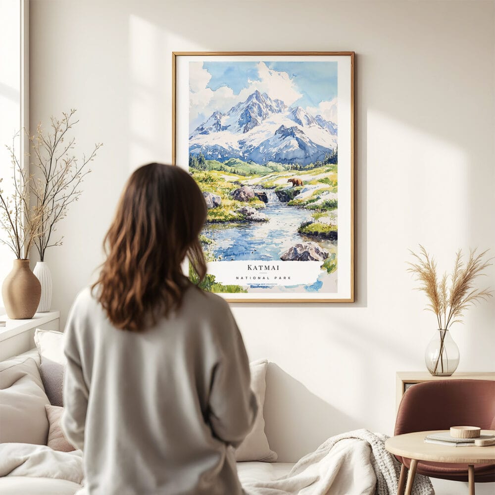 03 - Framed Katmai National Park Watercolor Wall Art - In Living Room with Woman Looking at it - Portrait.jpg 03 - Framed Katmai National Park Watercolor Wall Art - In Living Room with Woman Looking at it - Portrait.jpg