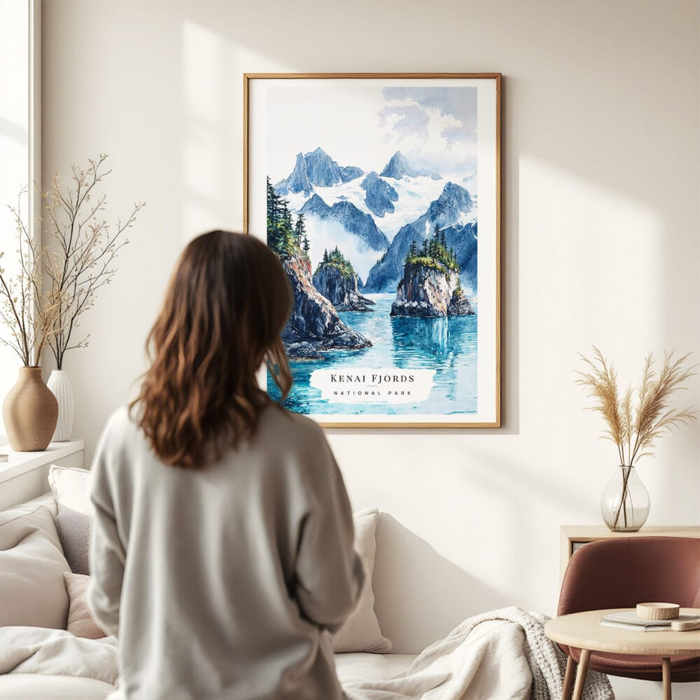 03 - Framed Kenai Fjords National Park Watercolor Wall Art - In Living Room with Woman Looking at it - Portrait.jpg 03 - Framed Kenai Fjords National Park Watercolor Wall Art - In Living Room with Woman Looking at it - Portrait.jpg