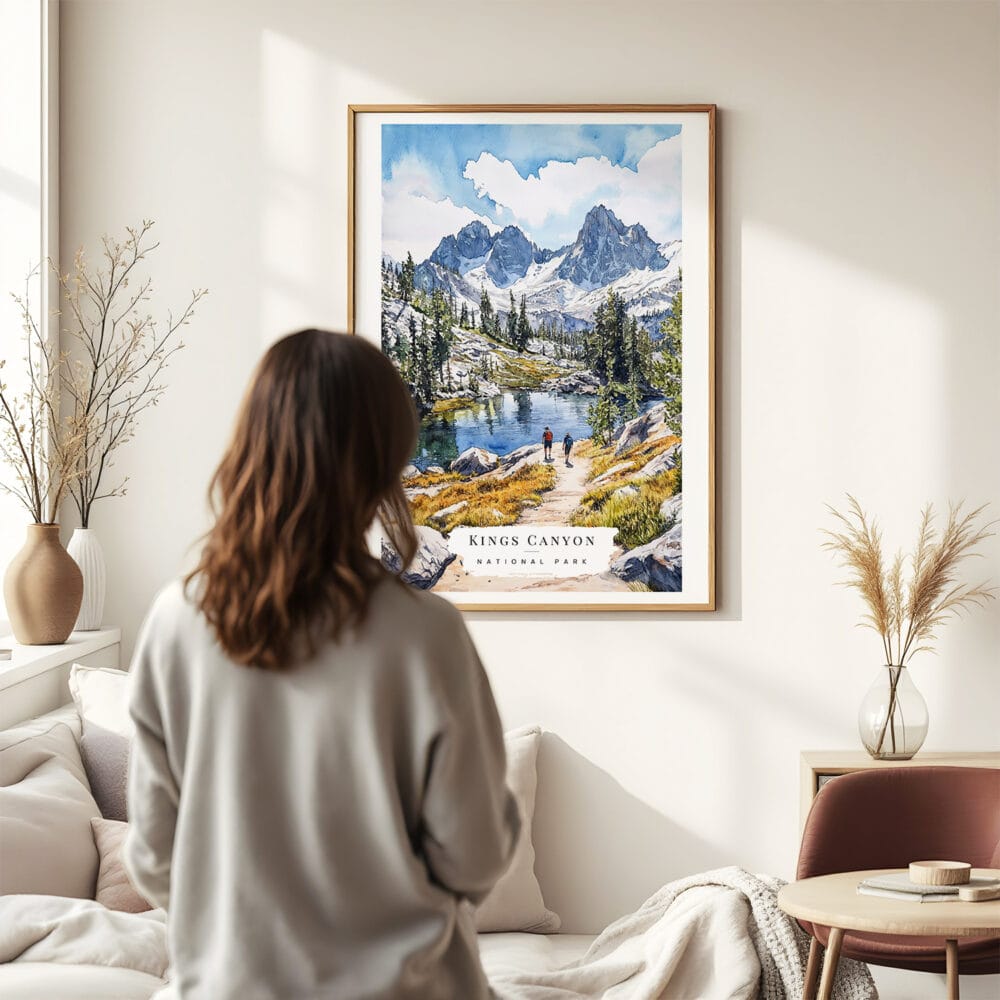 03 - Framed Kings Canyon National Park Watercolor Wall Art - In Living Room with Woman Looking at it - Portrait.jpg 03 - Framed Kings Canyon National Park Watercolor Wall Art - In Living Room with Woman Looking at it - Portrait.jpg